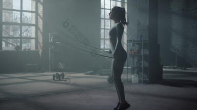 女运动员跳跳过绳子健身房适合女人有氧运动锻炼